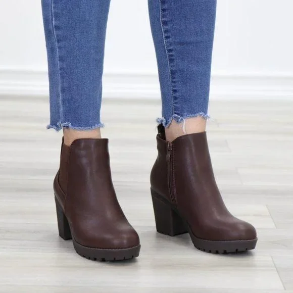 Lug Sole Ankle Boots Brown Chelsea Booties - Picture 2 of 15